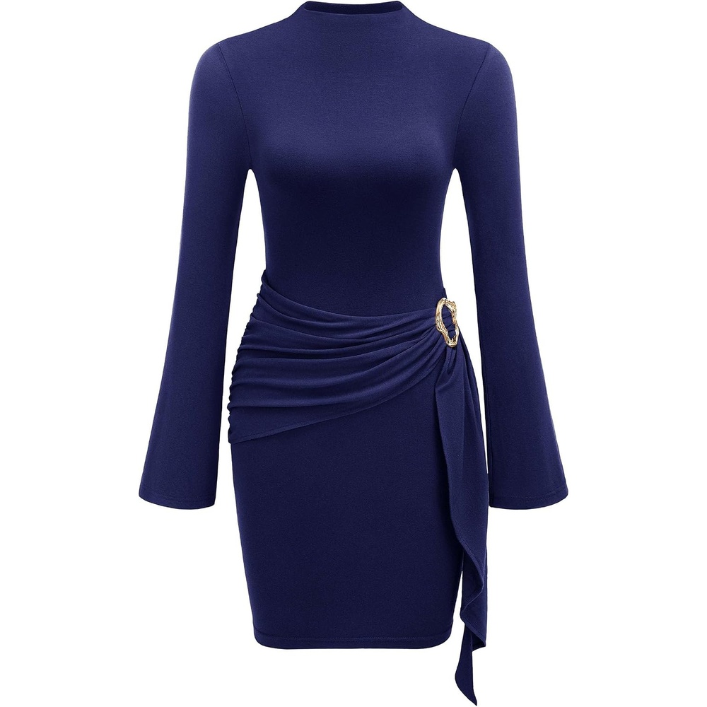 image:imagePRETTYGARDEN Women Long Sleeve Bodycon Ruched Mini DressNavy Blue