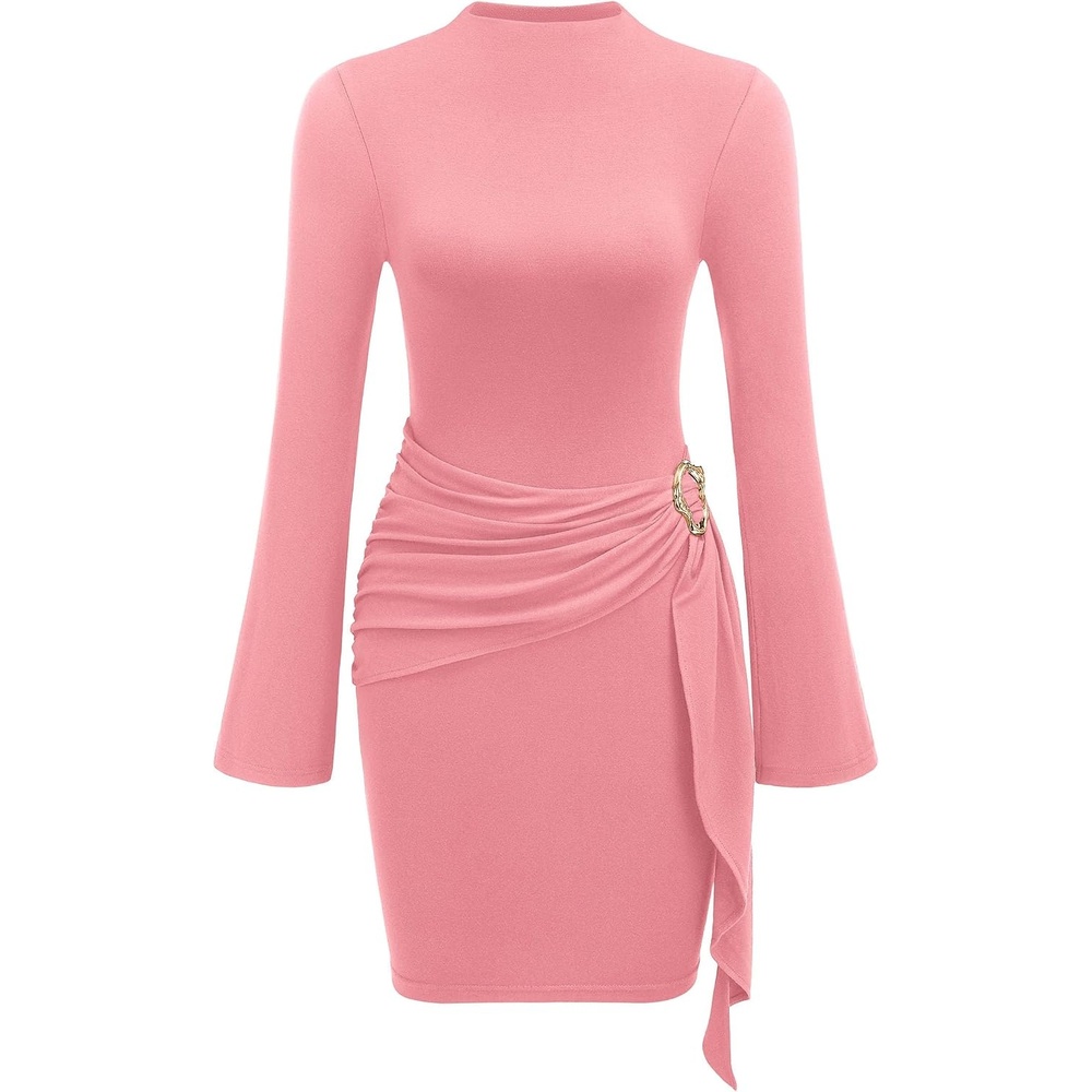 image:imagePRETTYGARDEN Women Long Sleeve Bodycon Ruched Mini DressPink