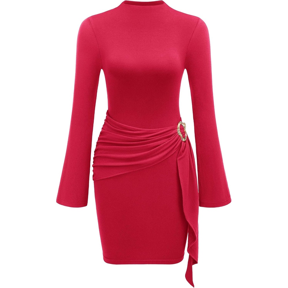 image:imagePRETTYGARDEN Women Long Sleeve Bodycon Ruched Mini DressRed