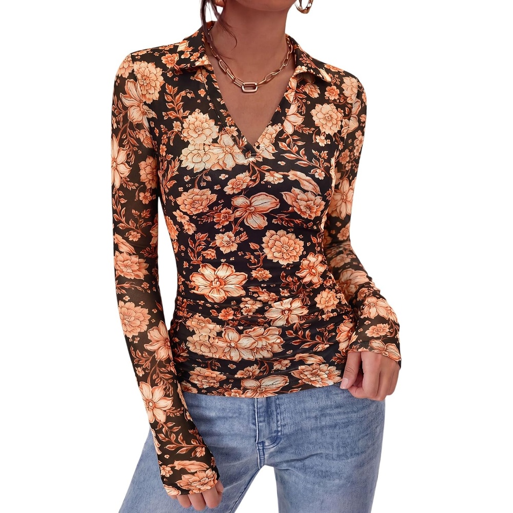 image:imagePRETTYGARDEN Women Long Sleeve Boho Floral Mesh TopsBlack Apricot Floral