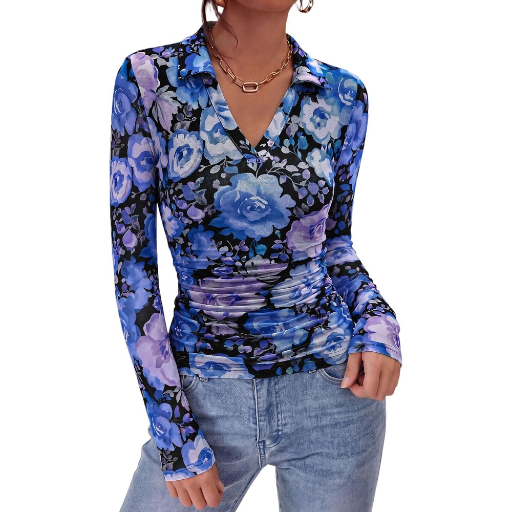 image:imagePRETTYGARDEN Women Long Sleeve Boho Floral Mesh TopsBlack Blue Floral