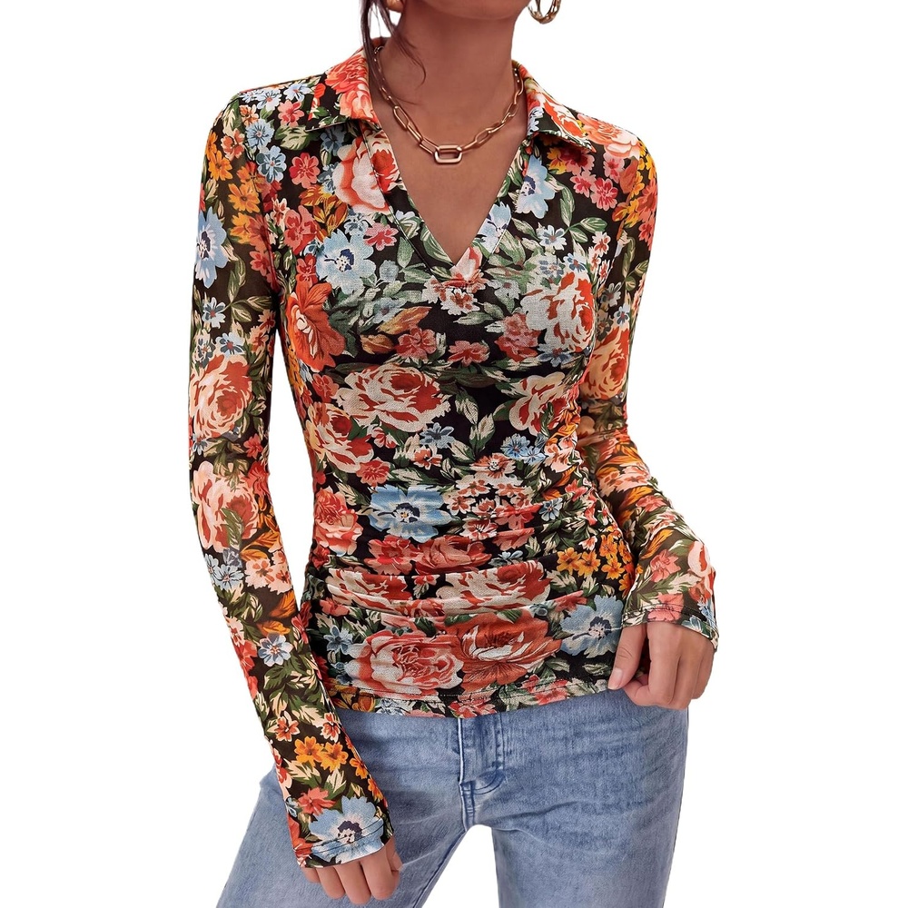 image:imagePRETTYGARDEN Women Long Sleeve Boho Floral Mesh TopsBlack Floral