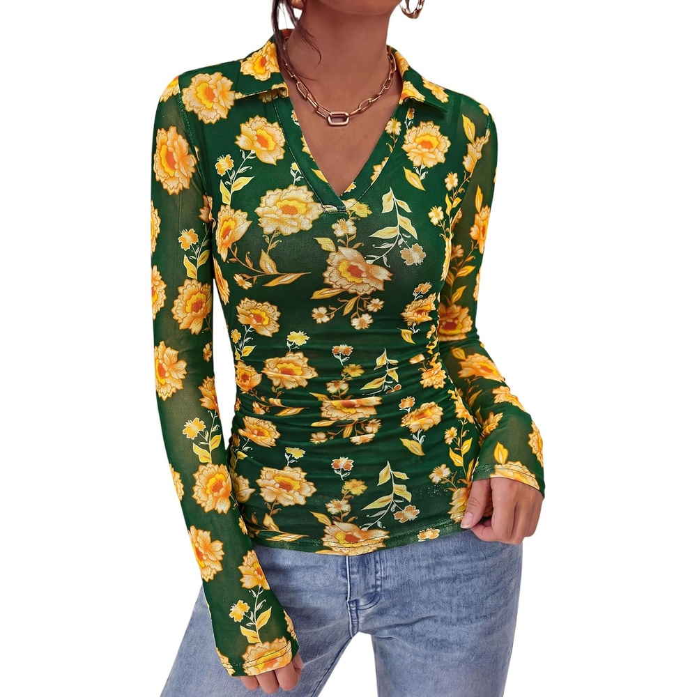 image:imagePRETTYGARDEN Women Long Sleeve Boho Floral Mesh TopsGreen