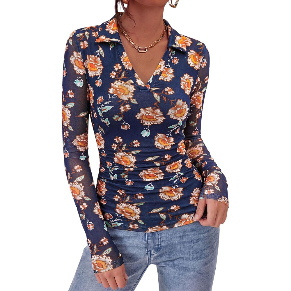 image:imagePRETTYGARDEN Women Long Sleeve Boho Floral Mesh TopsNavy Blue