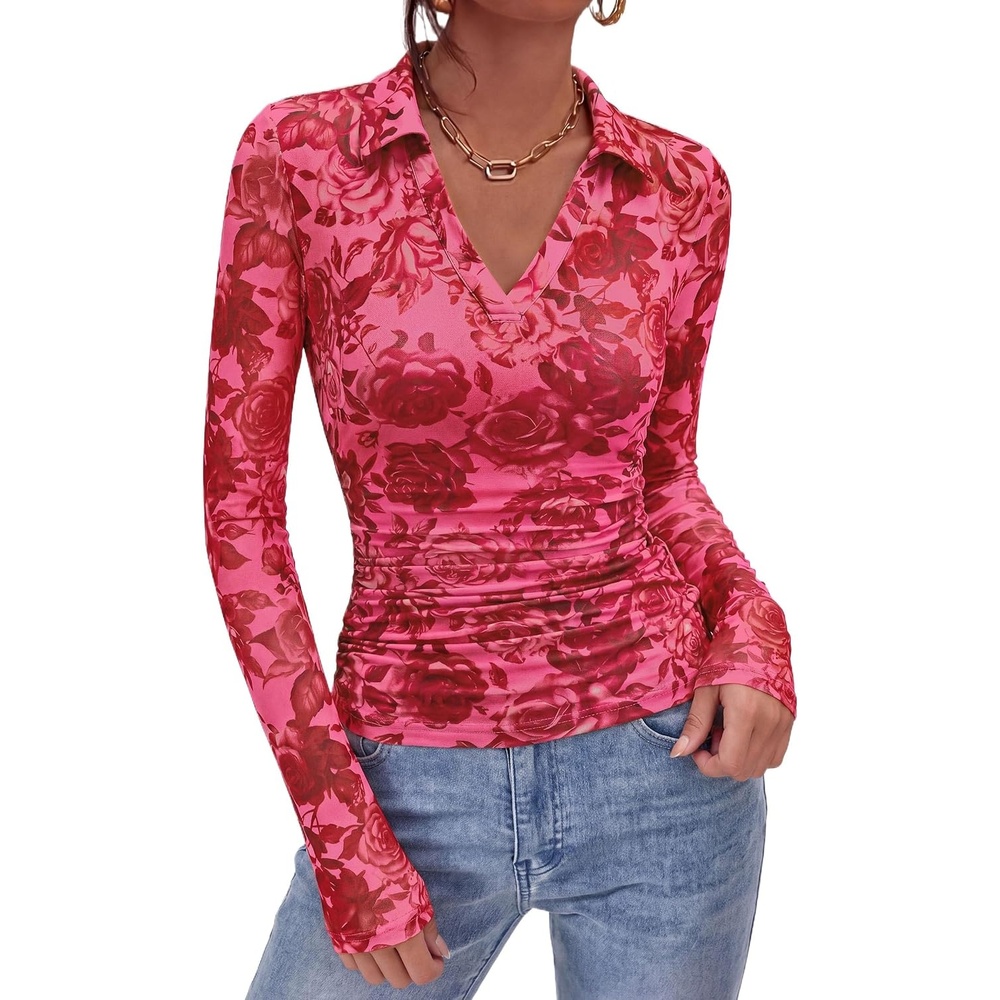 image:imagePRETTYGARDEN Women Long Sleeve Boho Floral Mesh TopsPink Red Floral