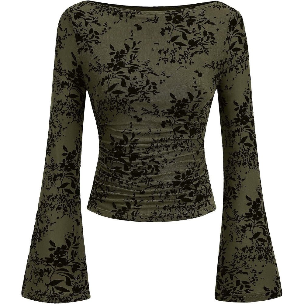 image:imagePRETTYGARDEN Womens Bell Sleeve Floral Mesh Crop TopsArmy Green