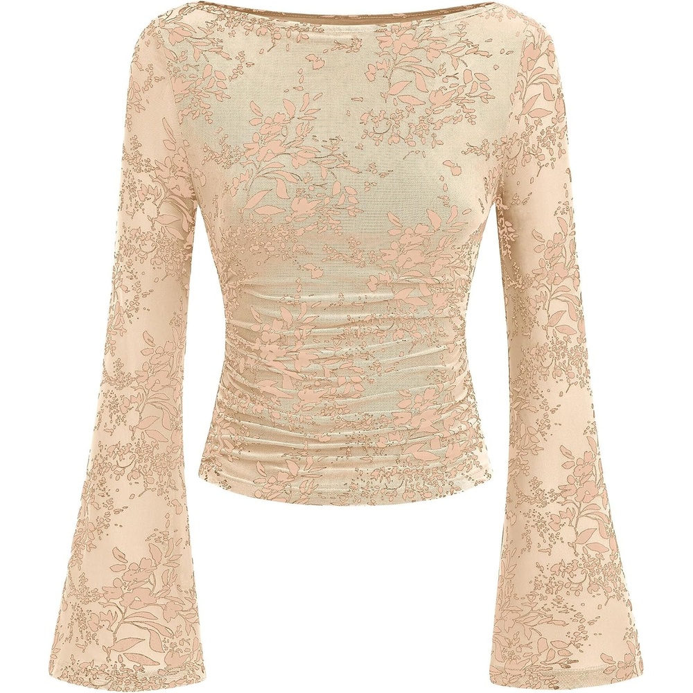 image:imagePRETTYGARDEN Womens Bell Sleeve Floral Mesh Crop TopsBeige