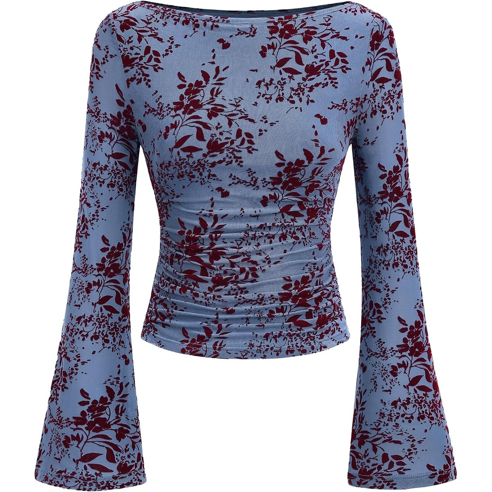 image:imagePRETTYGARDEN Womens Bell Sleeve Floral Mesh Crop TopsBlue Red Floral