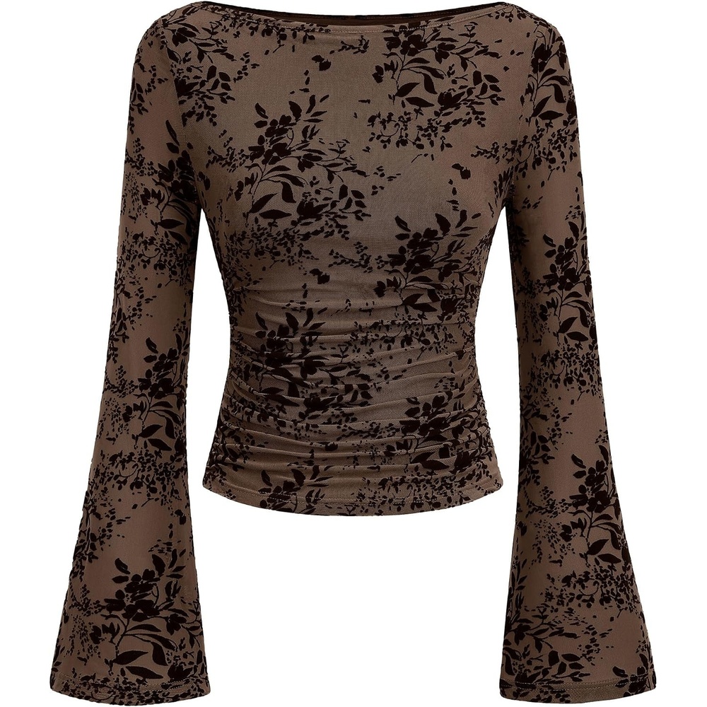 image:imagePRETTYGARDEN Womens Bell Sleeve Floral Mesh Crop TopsBrown