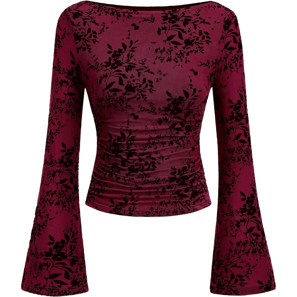 image:imagePRETTYGARDEN Womens Bell Sleeve Floral Mesh Crop TopsBurgundy