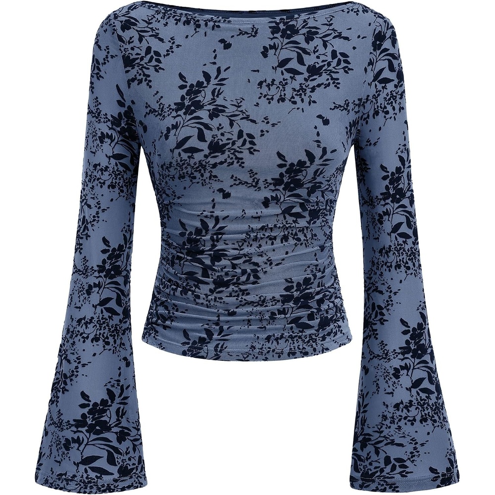 image:imagePRETTYGARDEN Womens Bell Sleeve Floral Mesh Crop TopsDusty Blue