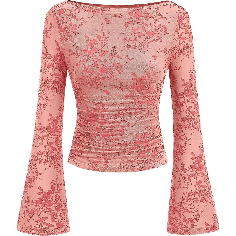 image:imagePRETTYGARDEN Womens Bell Sleeve Floral Mesh Crop TopsPink