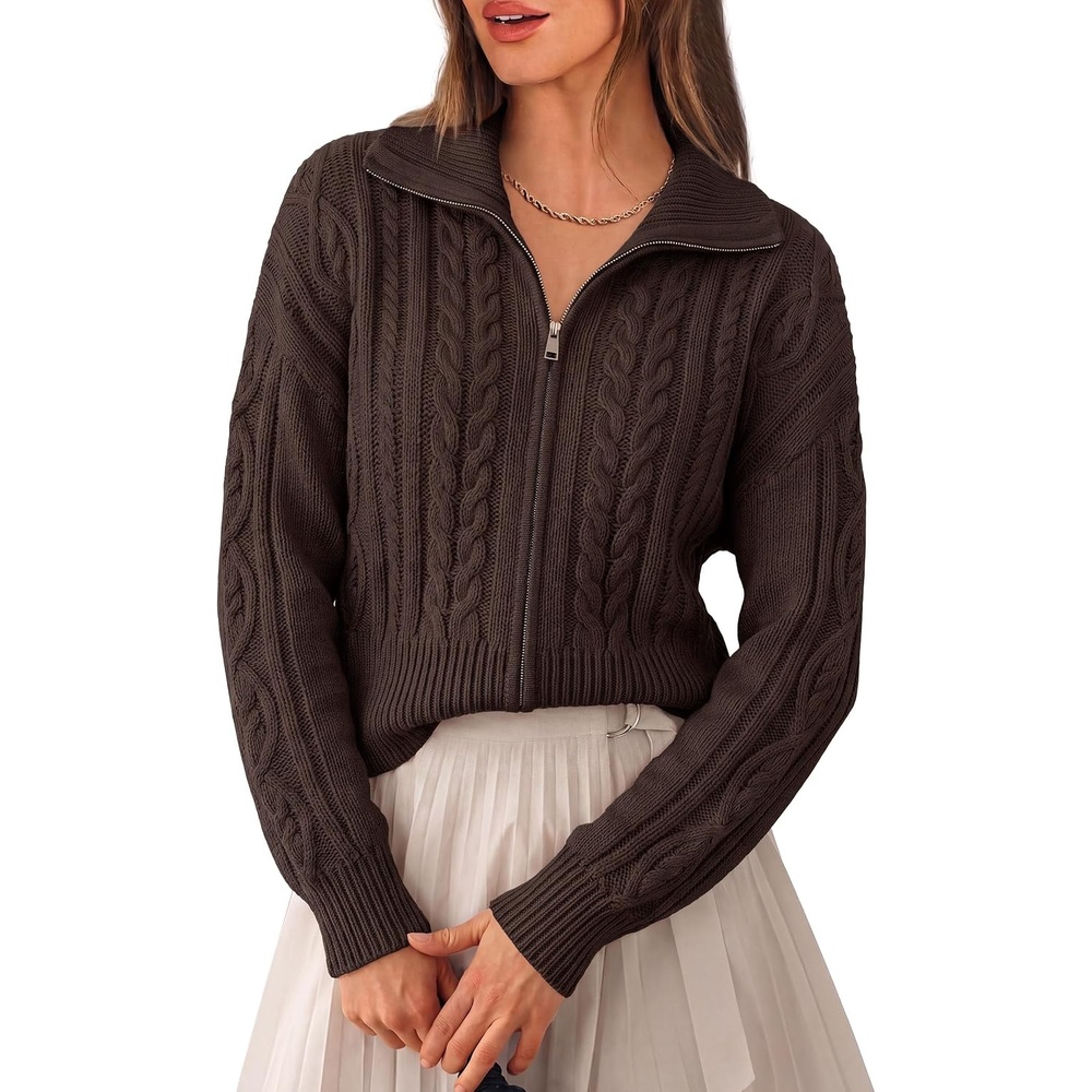 image:imagePRETTYGARDEN Womens Cable Knit Cropped Cardigan SweatersBrown