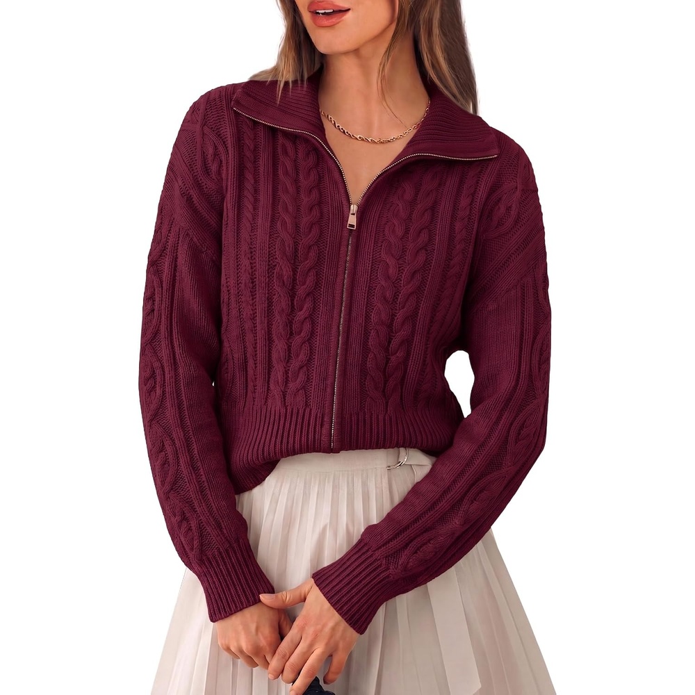 image:imagePRETTYGARDEN Womens Cable Knit Cropped Cardigan SweatersBurgundy