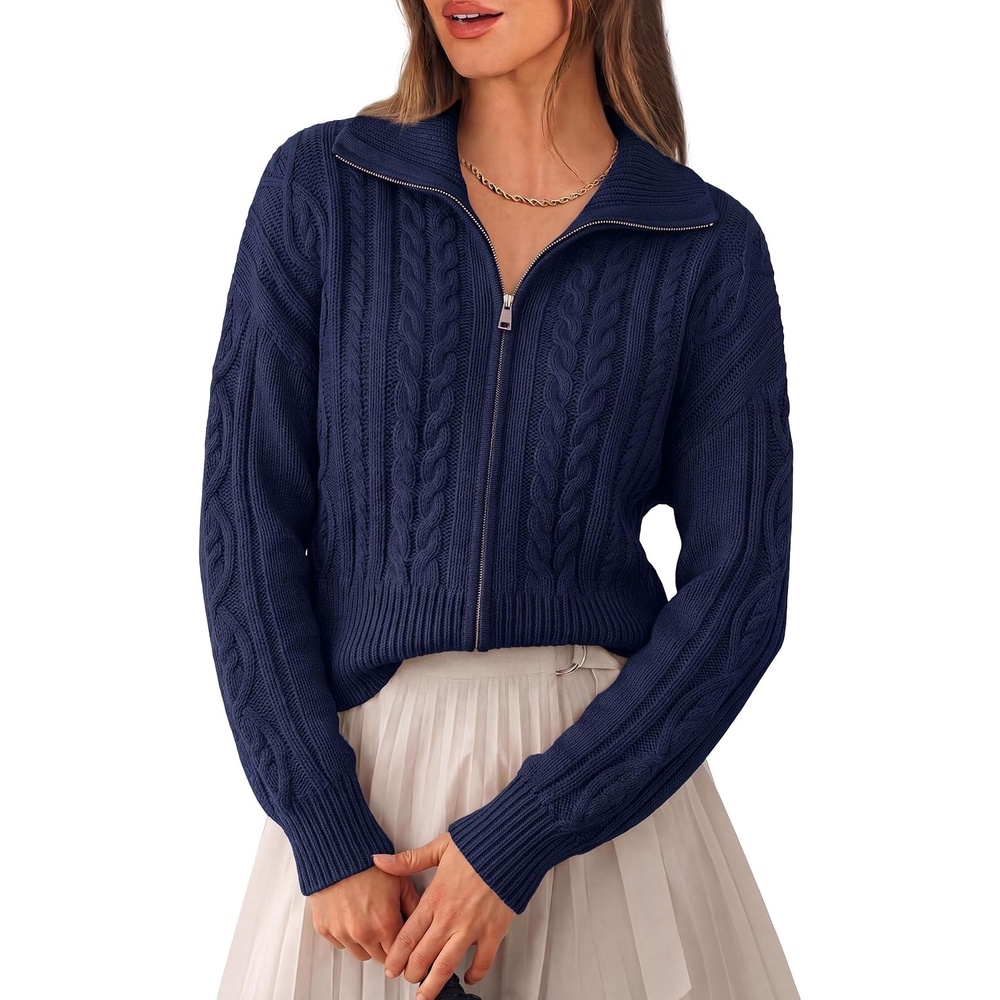 image:imagePRETTYGARDEN Womens Cable Knit Cropped Cardigan SweatersNavy Blue