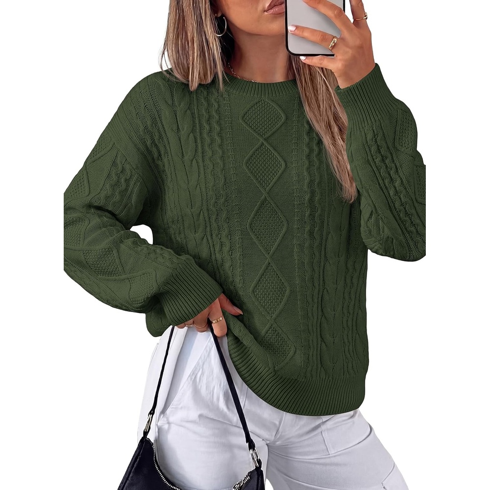 image:imagePRETTYGARDEN Womens Cable Knit Sweater Crewneck PulloverArmy Green