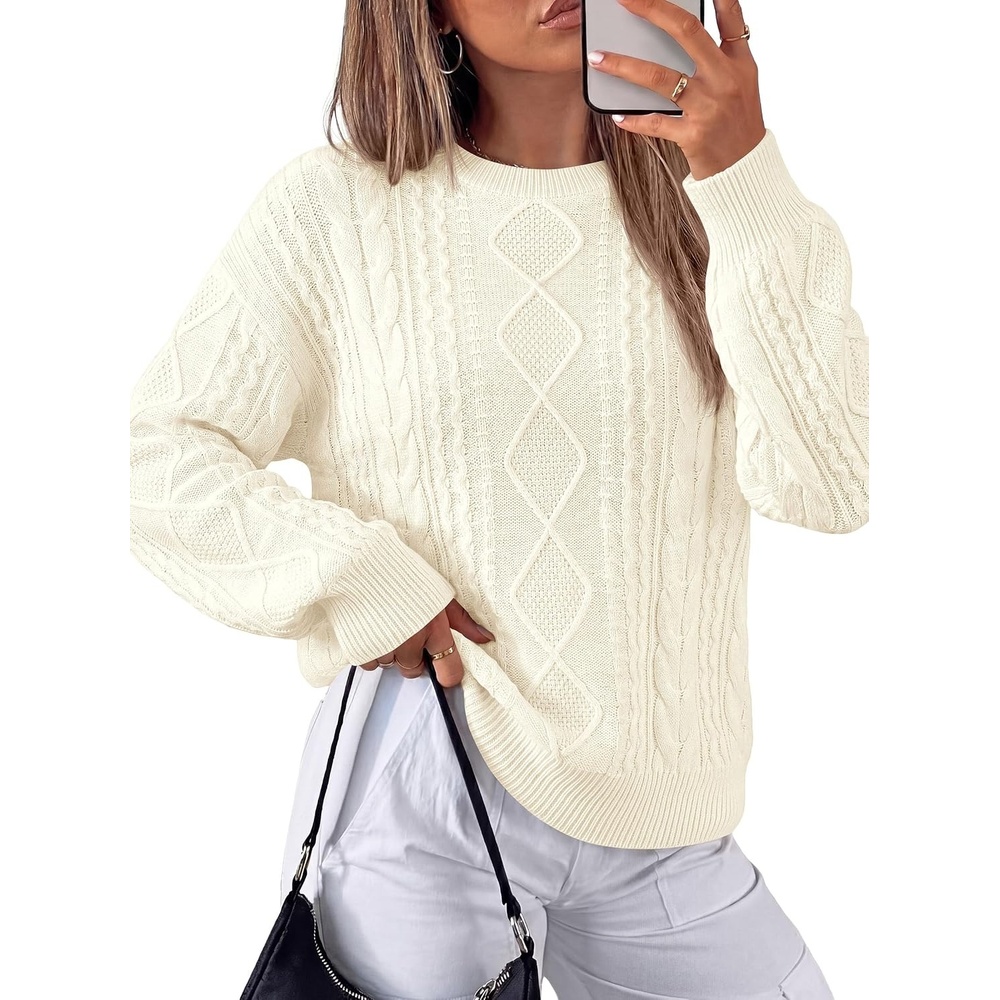 image:imagePRETTYGARDEN Womens Cable Knit Sweater Crewneck PulloverBeige