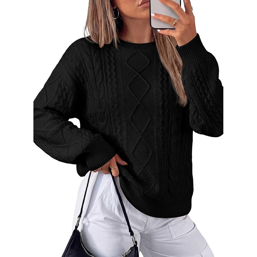 image:imagePRETTYGARDEN Womens Cable Knit Sweater Crewneck PulloverBlack