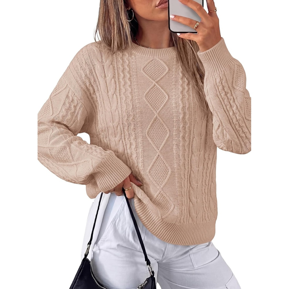 image:imagePRETTYGARDEN Womens Cable Knit Sweater Crewneck PulloverKhaki