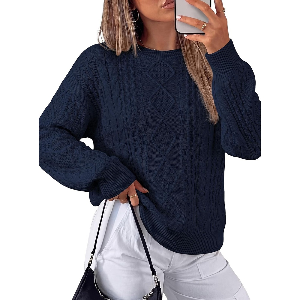 image:imagePRETTYGARDEN Womens Cable Knit Sweater Crewneck PulloverNavy