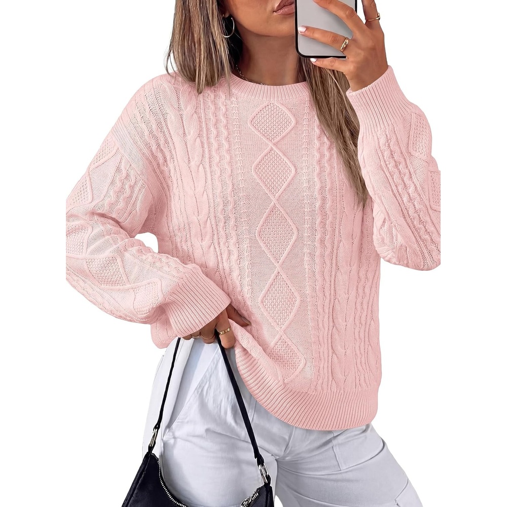 image:imagePRETTYGARDEN Womens Cable Knit Sweater Crewneck PulloverPink