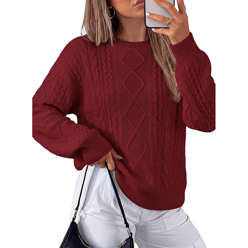 image:imagePRETTYGARDEN Womens Cable Knit Sweater Crewneck PulloverWine Red