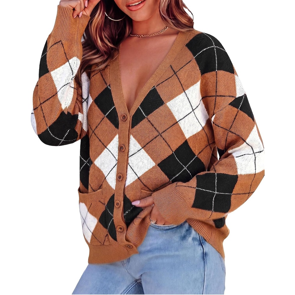 image:imagePRETTYGARDEN Womens Cardigan Argyle Winter SweatersPlaid Brown
