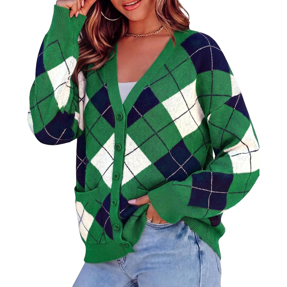 image:imagePRETTYGARDEN Womens Cardigan Argyle Winter SweatersPlaid Green