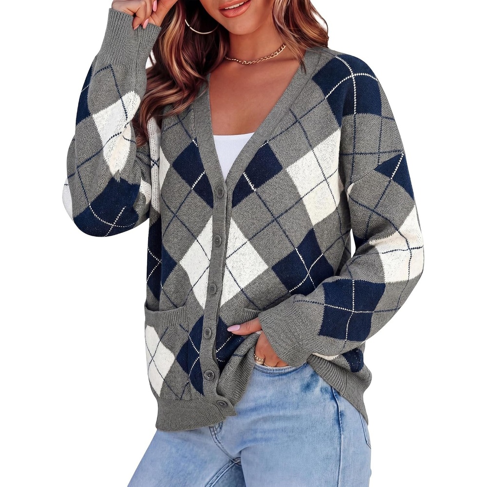 image:imagePRETTYGARDEN Womens Cardigan Argyle Winter SweatersPlaid Grey