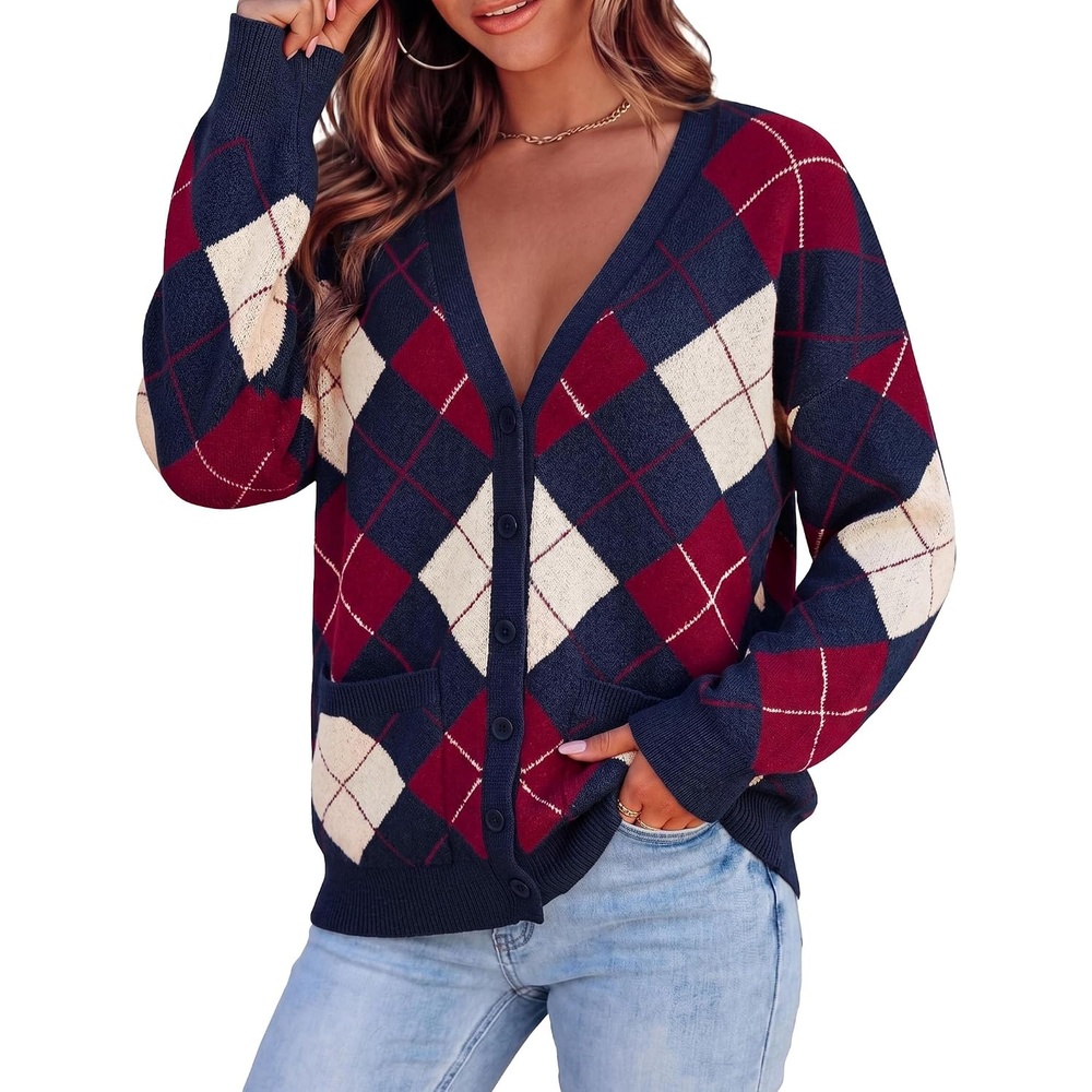 image:imagePRETTYGARDEN Womens Cardigan Argyle Winter SweatersPlaid Navy Blue