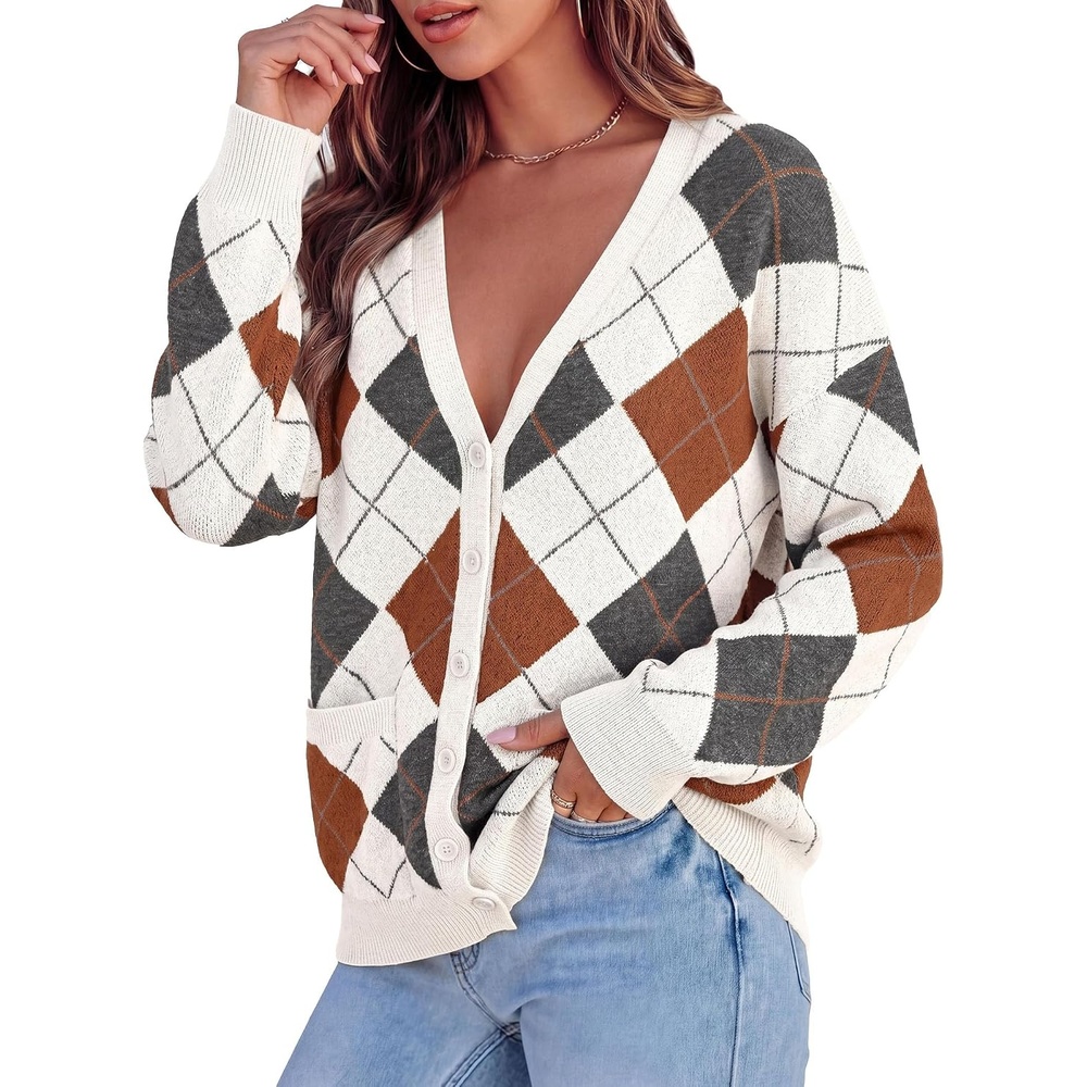 image:imagePRETTYGARDEN Womens Cardigan Argyle Winter SweatersPlaid White