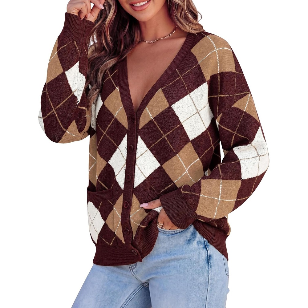 image:imagePRETTYGARDEN Womens Cardigan Argyle Winter SweatersPlaid Wine Red