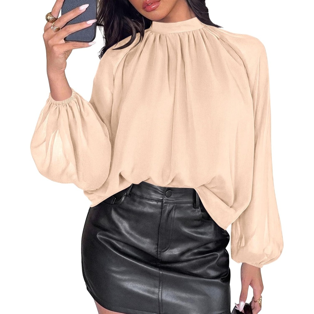 image:imagePRETTYGARDEN Womens Chiffon Blouses Dressy Casual Mock Neck TopsBeige