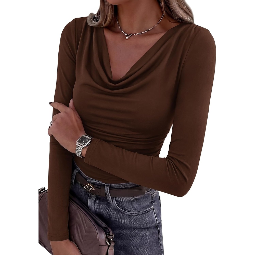 image:imagePRETTYGARDEN Womens Cowl Neck Long Sleeve ShirtsBrown