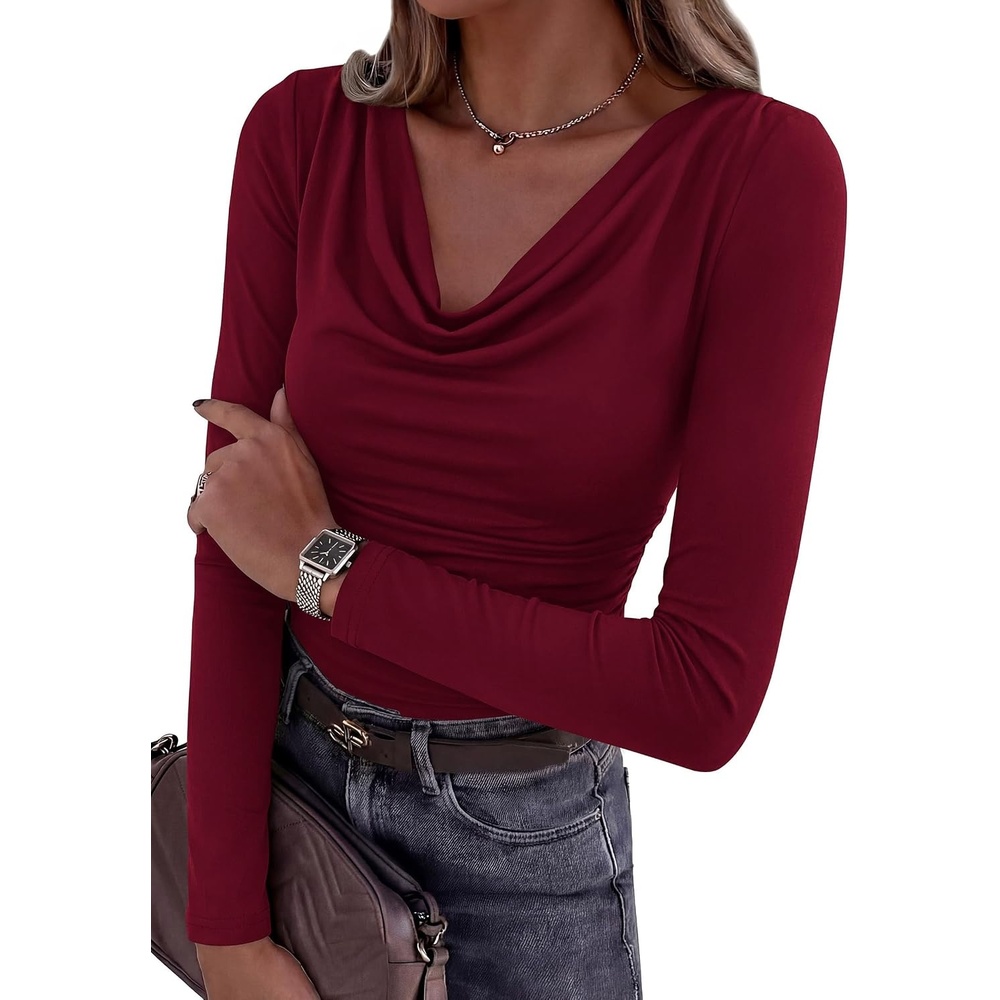 image:imagePRETTYGARDEN Womens Cowl Neck Long Sleeve ShirtsBurgundy