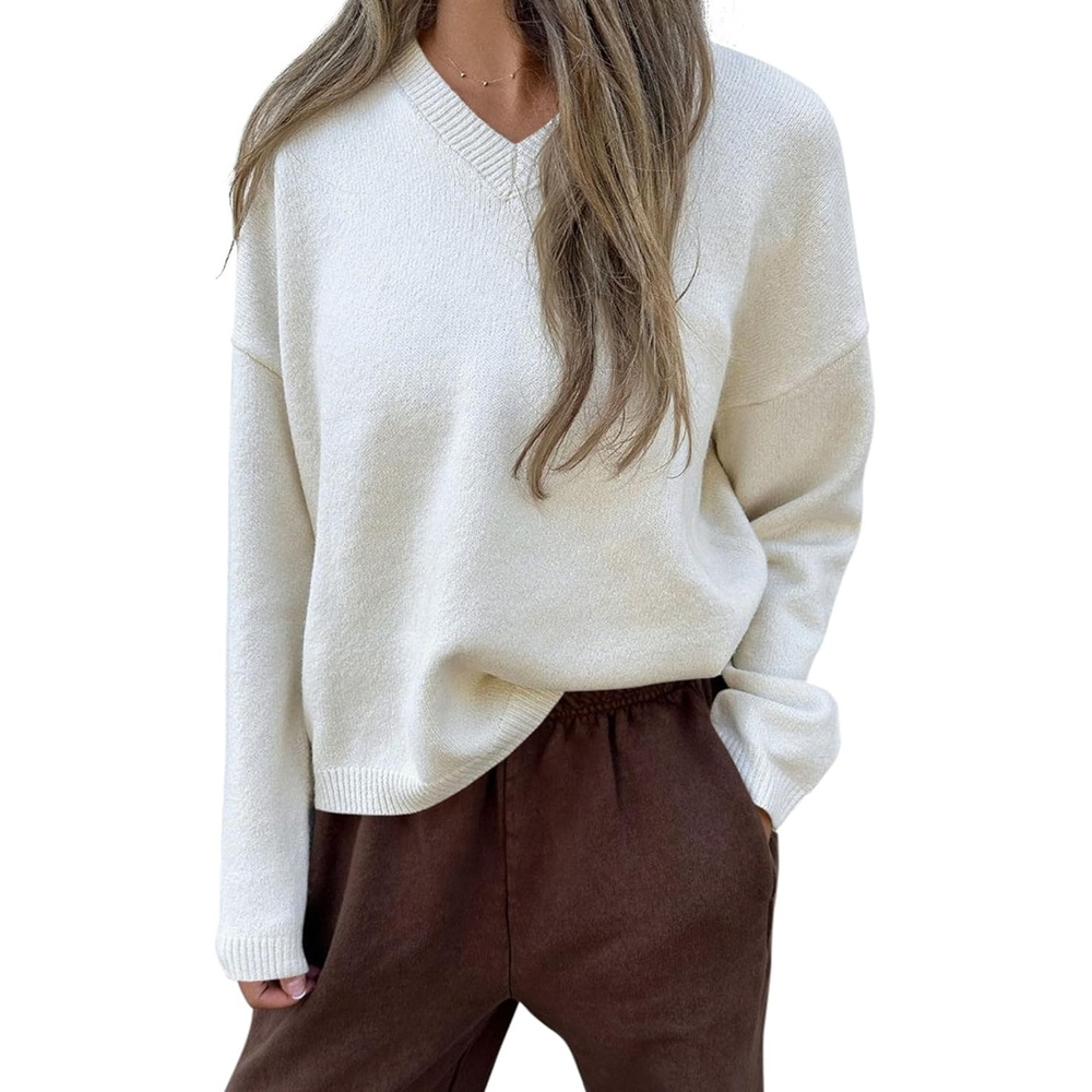 image:imagePRETTYGARDEN Womens Cozy Sweaters Fall Fashion V Neck TopsWhite
