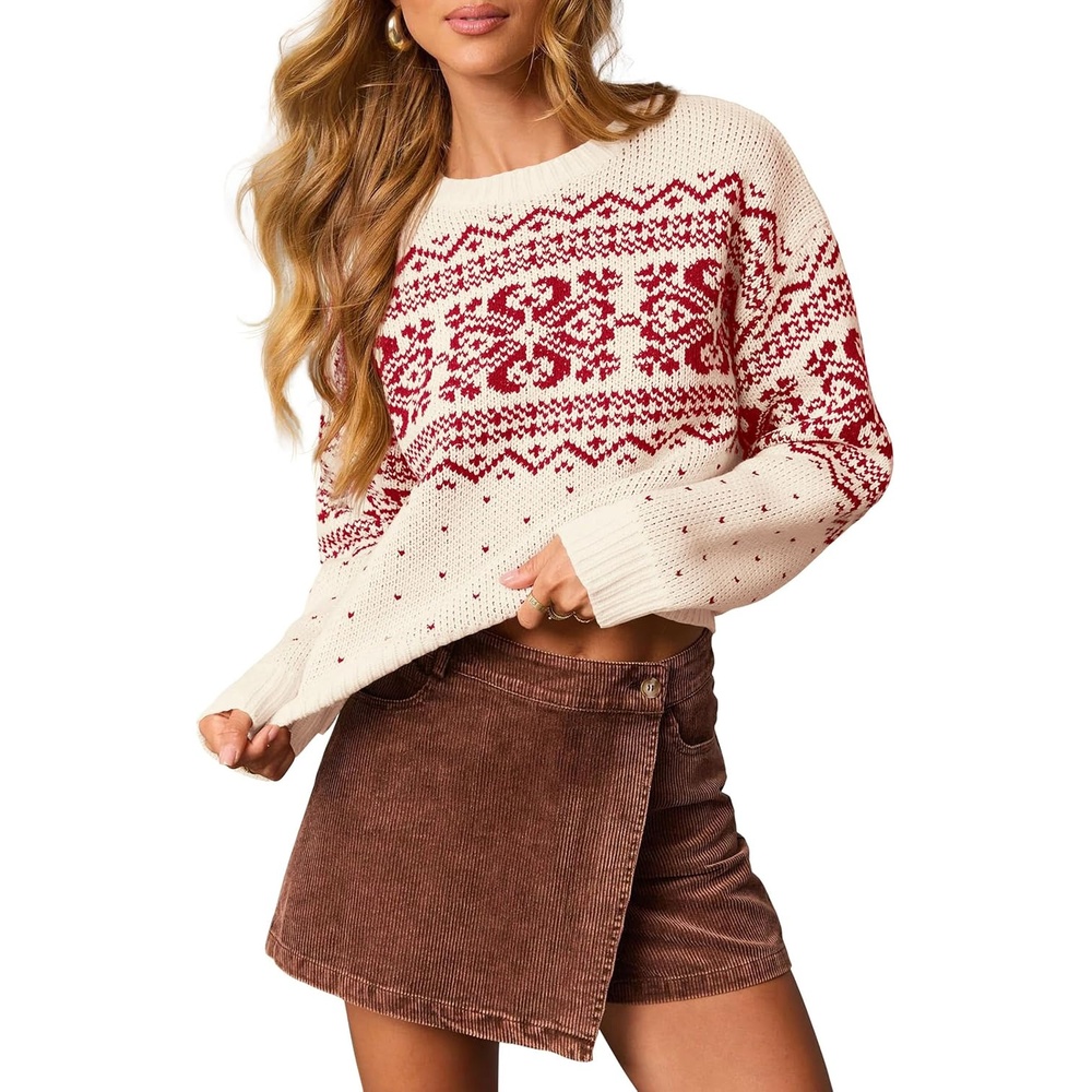 image:imagePRETTYGARDEN Womens Fair Isle Oversized SweaterPrint Apricot Red