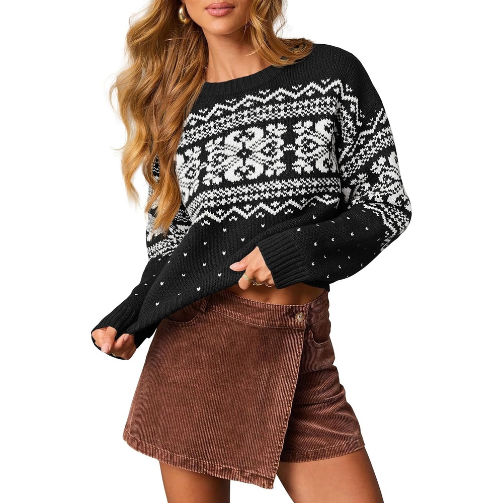 image:imagePRETTYGARDEN Womens Fair Isle Oversized SweaterPrint Black White