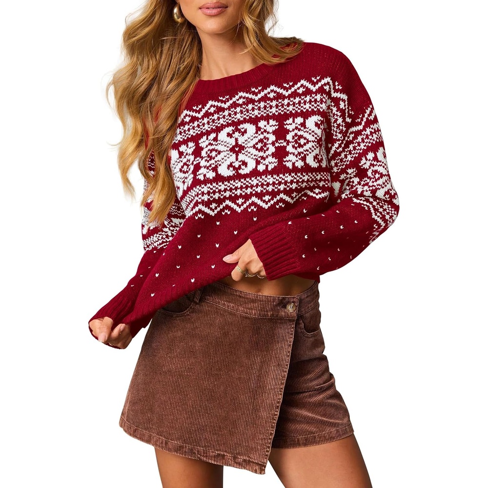 image:imagePRETTYGARDEN Womens Fair Isle Oversized SweaterPrint Burgundy White