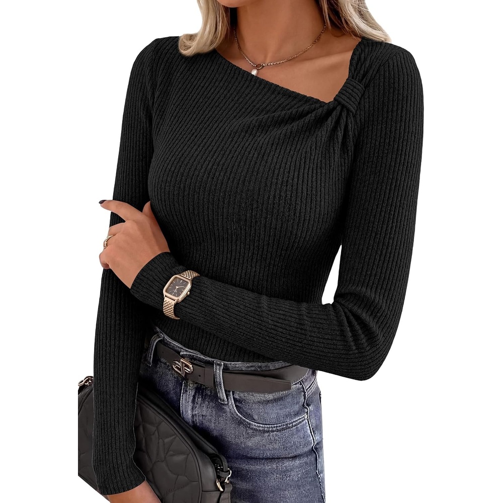 image:imagePRETTYGARDEN Womens Fall Long Sleeve Shirts Asymmetrical TopsBlack