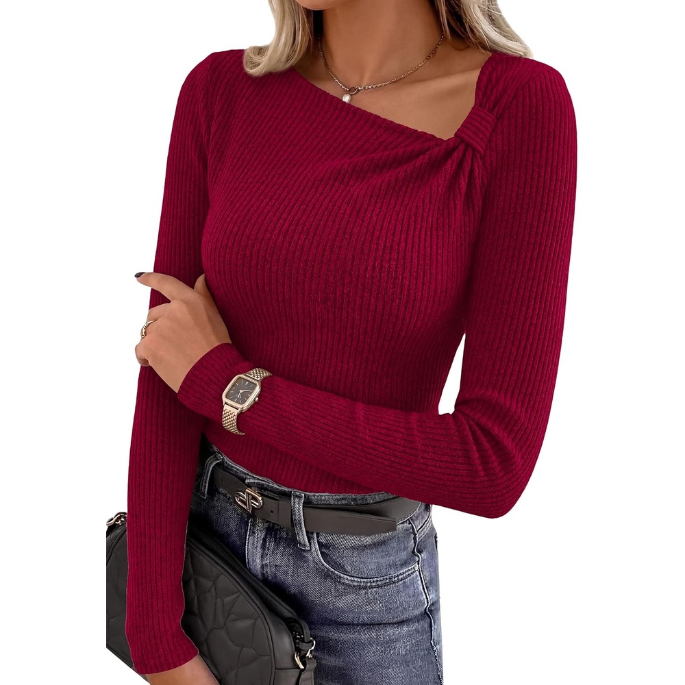 image:imagePRETTYGARDEN Womens Fall Long Sleeve Shirts Asymmetrical TopsDark Red