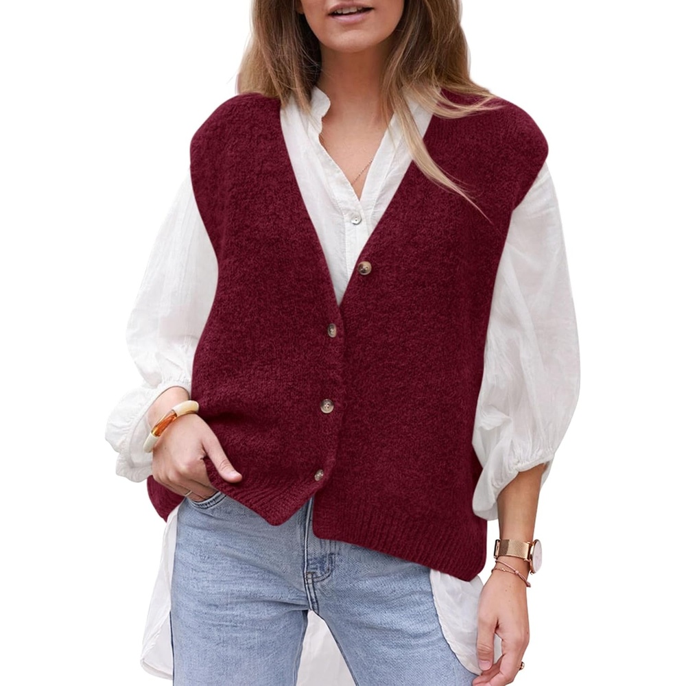 image:imagePRETTYGARDEN Womens Fall Sleeveless Button Down Sweater VestWine Red
