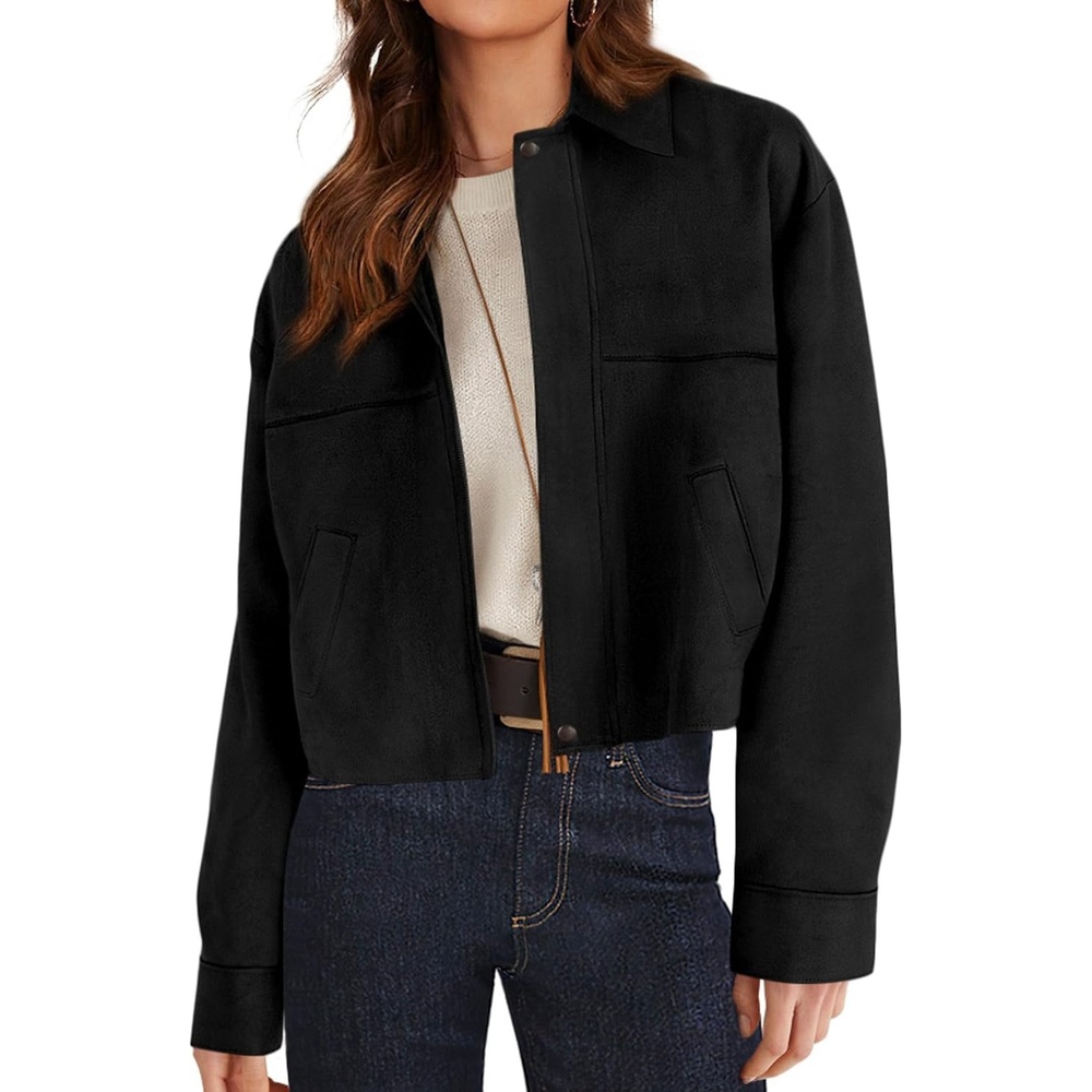 image:imagePRETTYGARDEN Womens Faux Suede Cropped Fall JacketsBlack