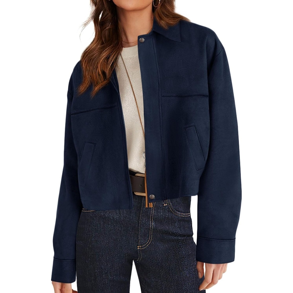 image:imagePRETTYGARDEN Womens Faux Suede Cropped Fall JacketsNavy