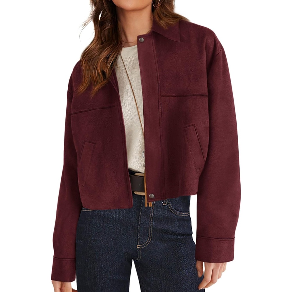 image:imagePRETTYGARDEN Womens Faux Suede Cropped Fall JacketsWine Red