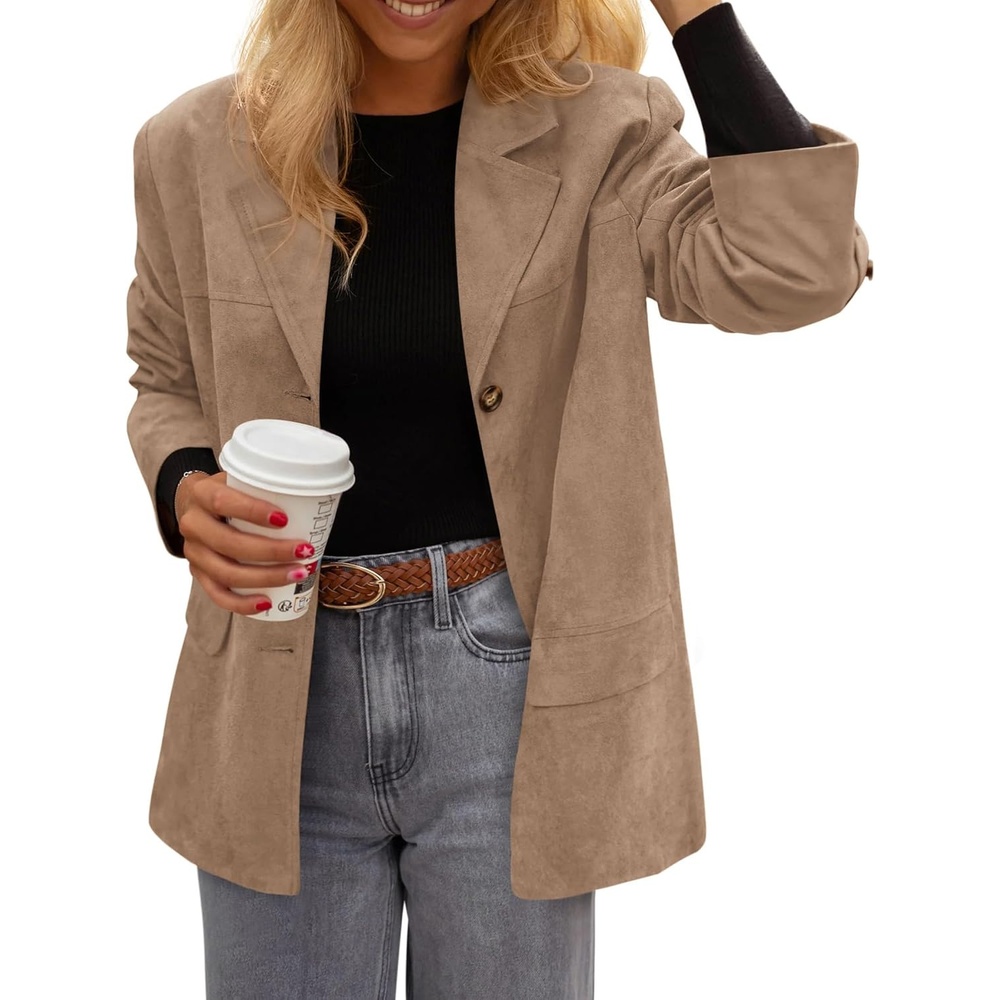 image:imagePRETTYGARDEN Womens Faux Suede Western Blazer JacketKhaki