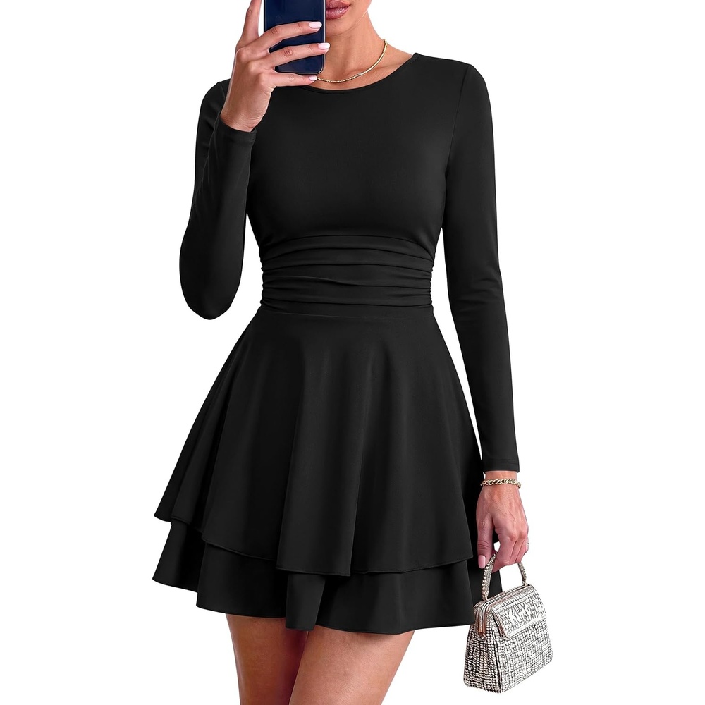 image:imagePRETTYGARDEN Womens Fit and Flare Crewneck Long Sleeve Mini DressBlack