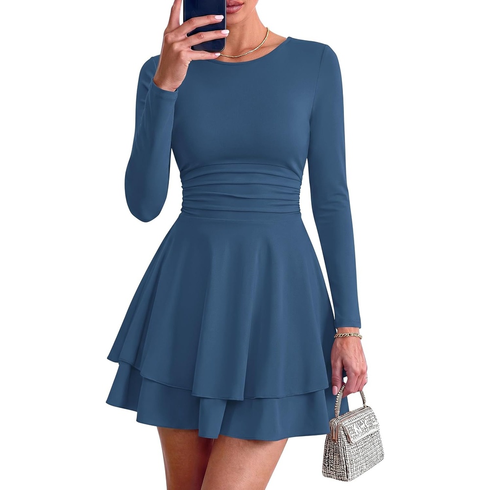 image:imagePRETTYGARDEN Womens Fit and Flare Crewneck Long Sleeve Mini DressGrey Blue