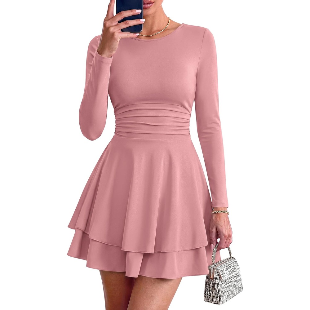 image:imagePRETTYGARDEN Womens Fit and Flare Crewneck Long Sleeve Mini DressPink