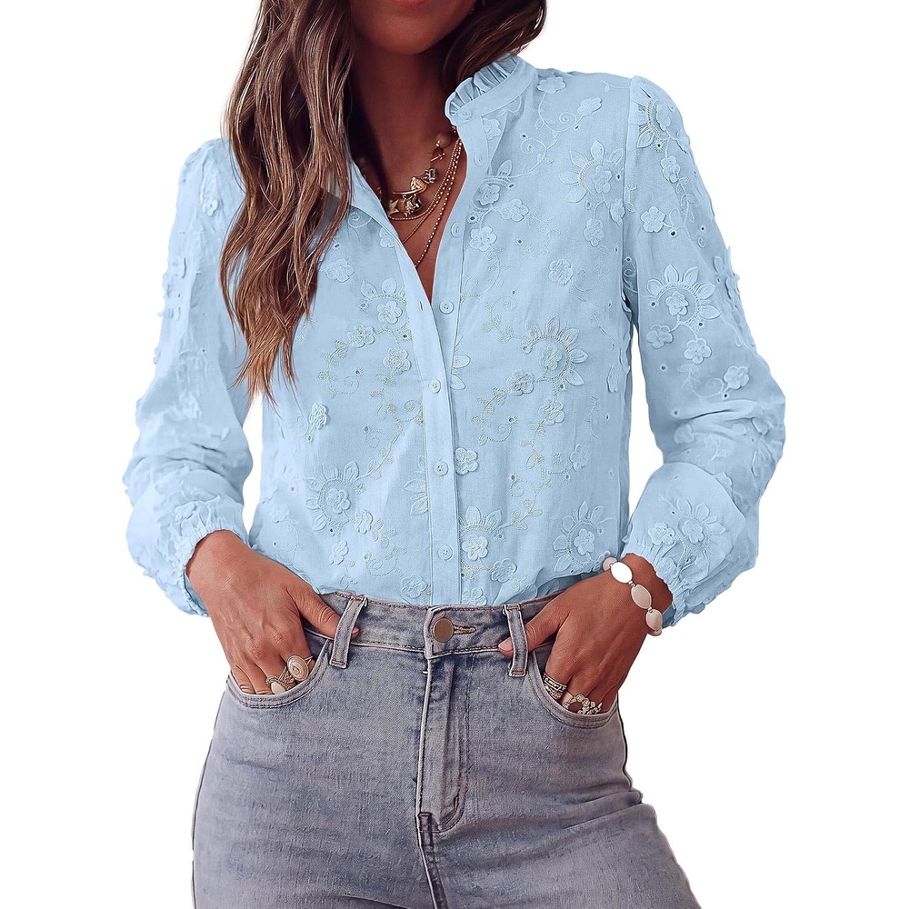image:imagePRETTYGARDEN Womens Floral Embroidered Button Down ShirtsLight Blue